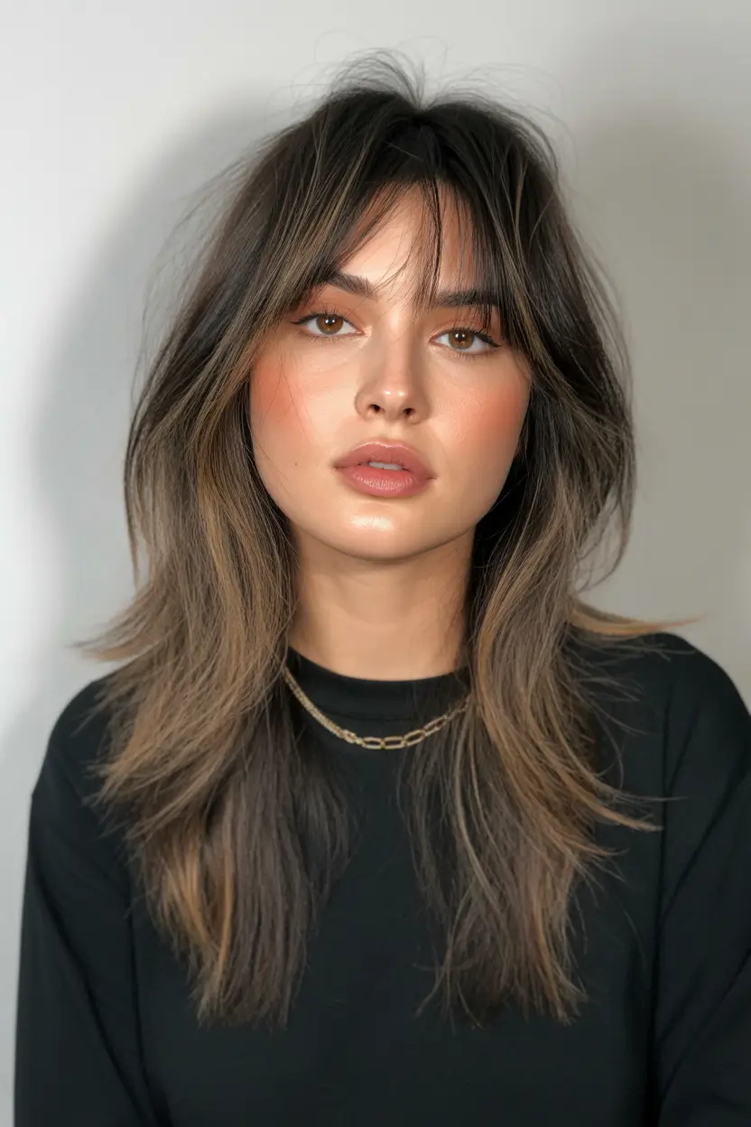 Winter Haircuts 2025–2026 Modern Shag with Wispy Bangs