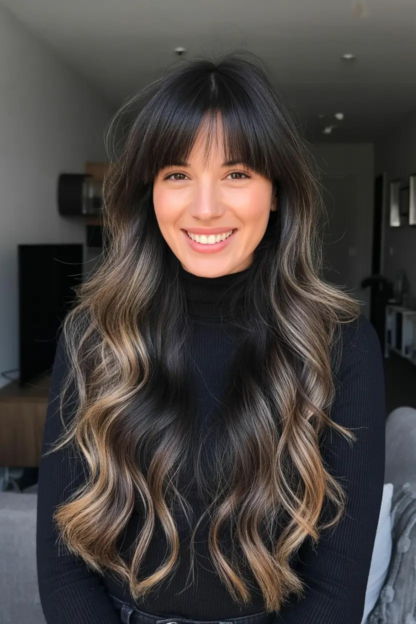 Winter Haircuts 2025–2026 Trends & Styles Glossy Long Waves with Bangs
