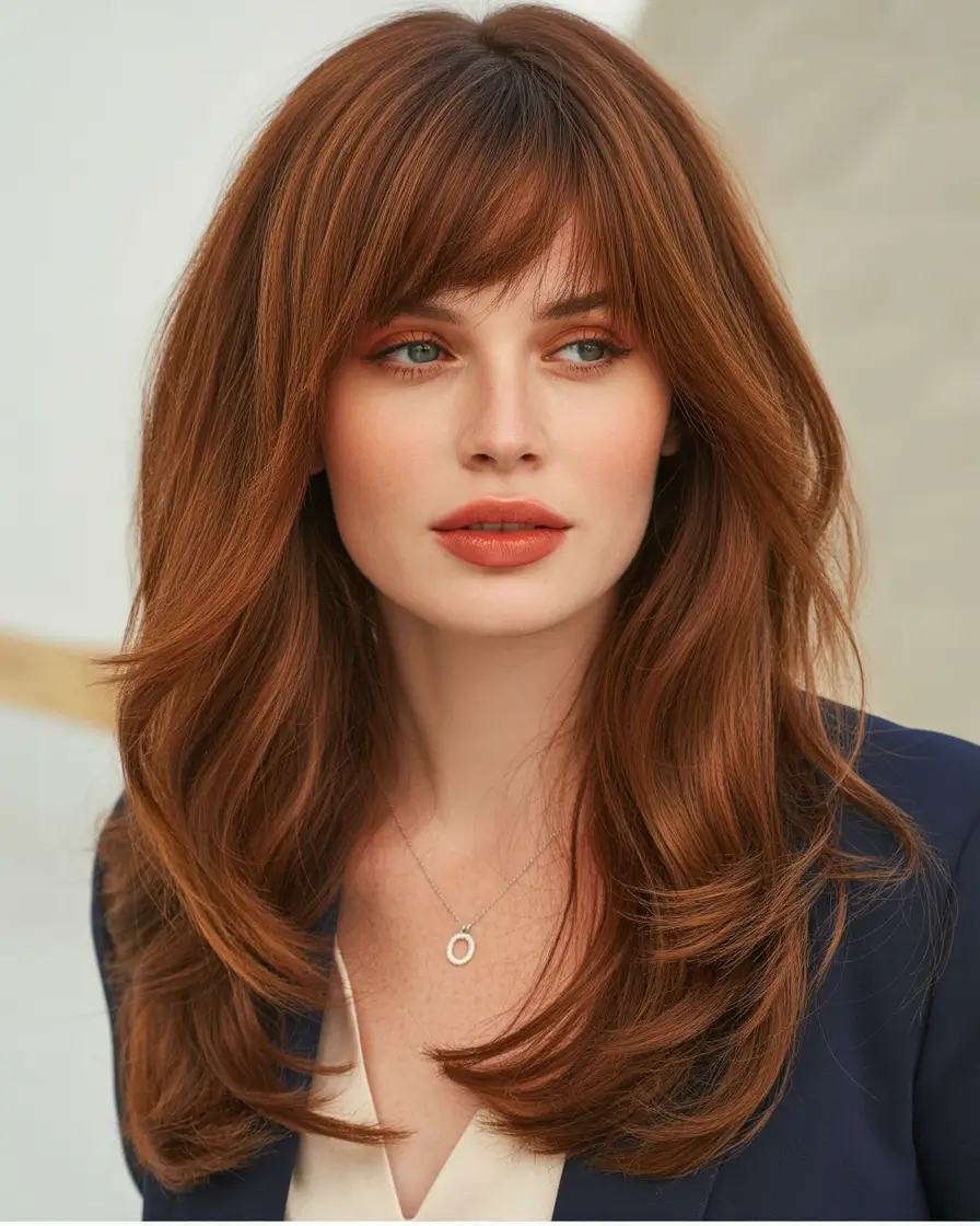 Winter Haircuts 2025–2026 Trends & Styles Warm Chestnut Layers with Bangs