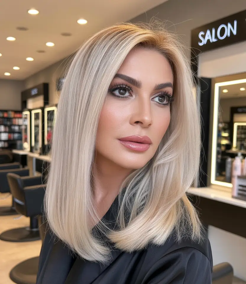 Winter Haircuts and Color 2025 2026 for Women Over 40 Platinum Lob