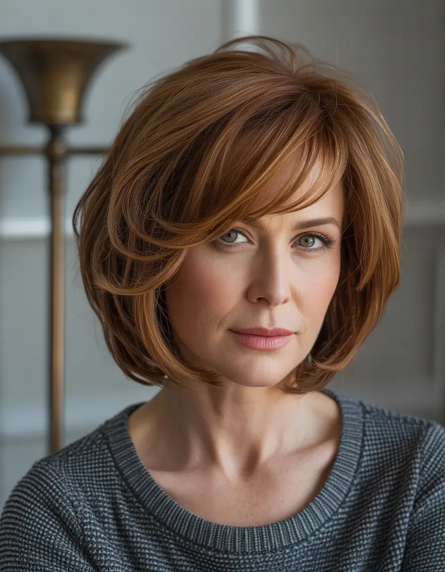 Winter Haircuts and Color 2025 2026 for Women Over 40 Layered Bob with Bangs