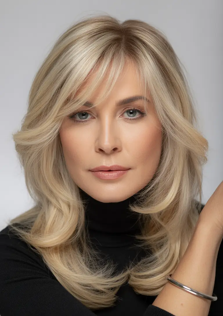 Winter Haircuts and Color 2025 2026 for Women Over 40 Layered Blonde with Bangs