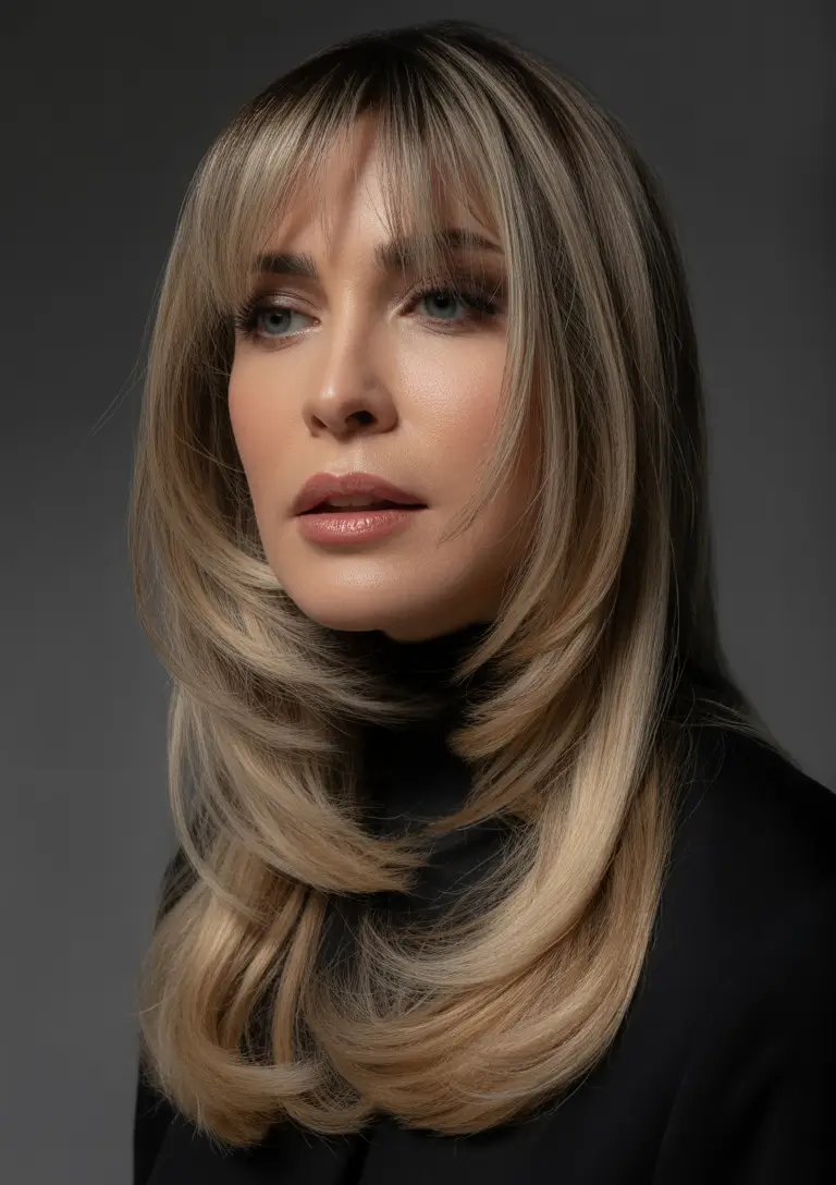 Winter Haircuts and Color 2025 2026 for Women Over 40 Mid Length Layered with Bangs