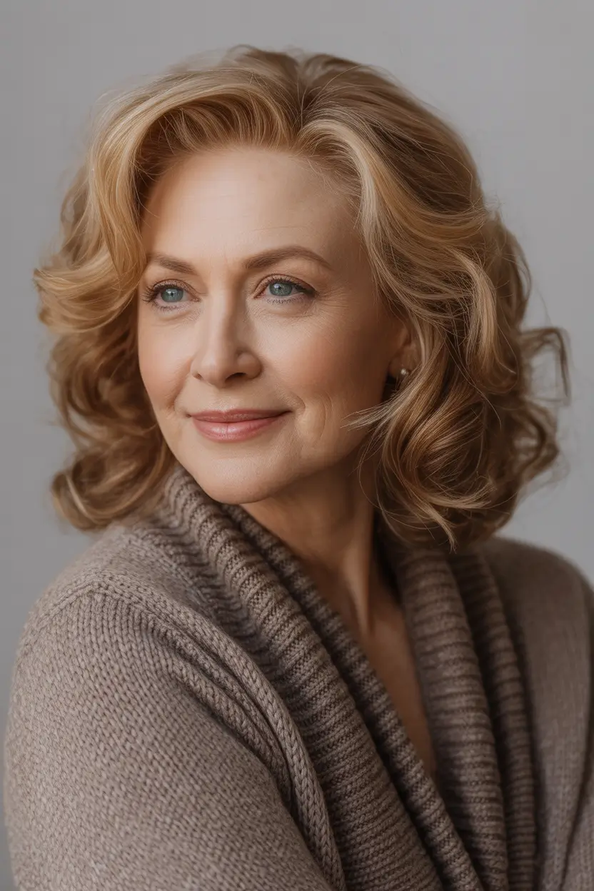 short curly haircut with warm tones