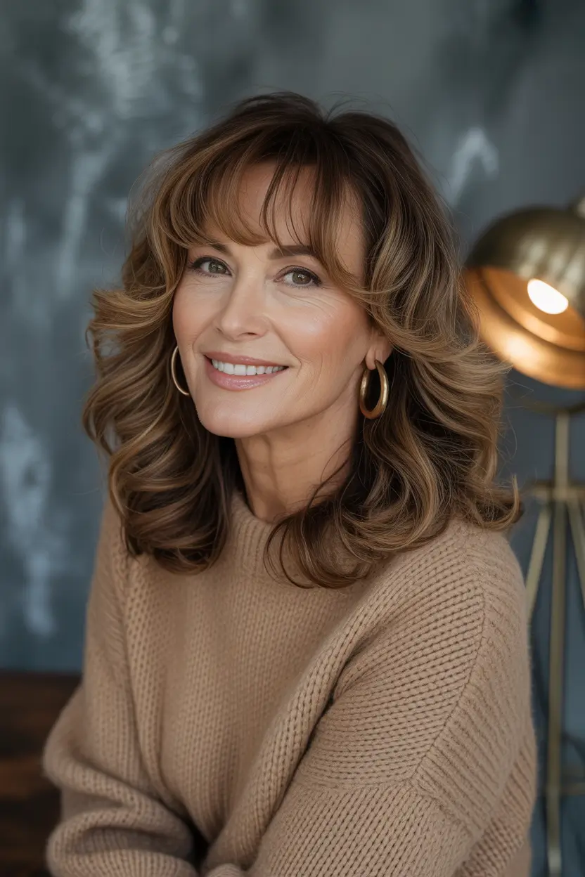 medium layered haircut with curtain bangs