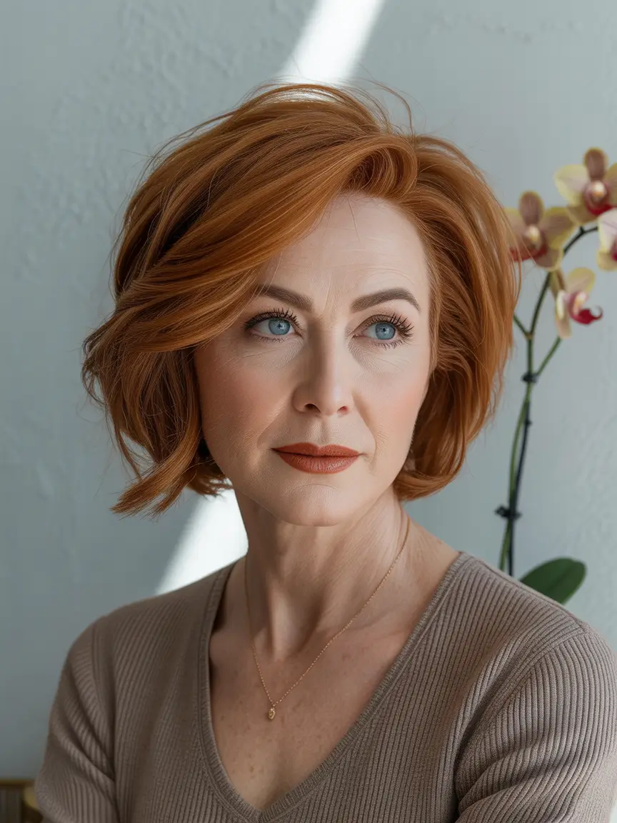 textured copper bob haircut