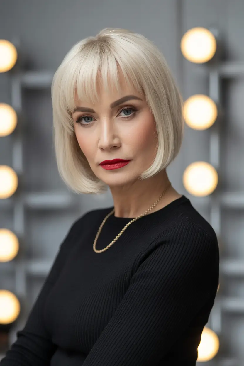 platinum short bob with bangs haircut