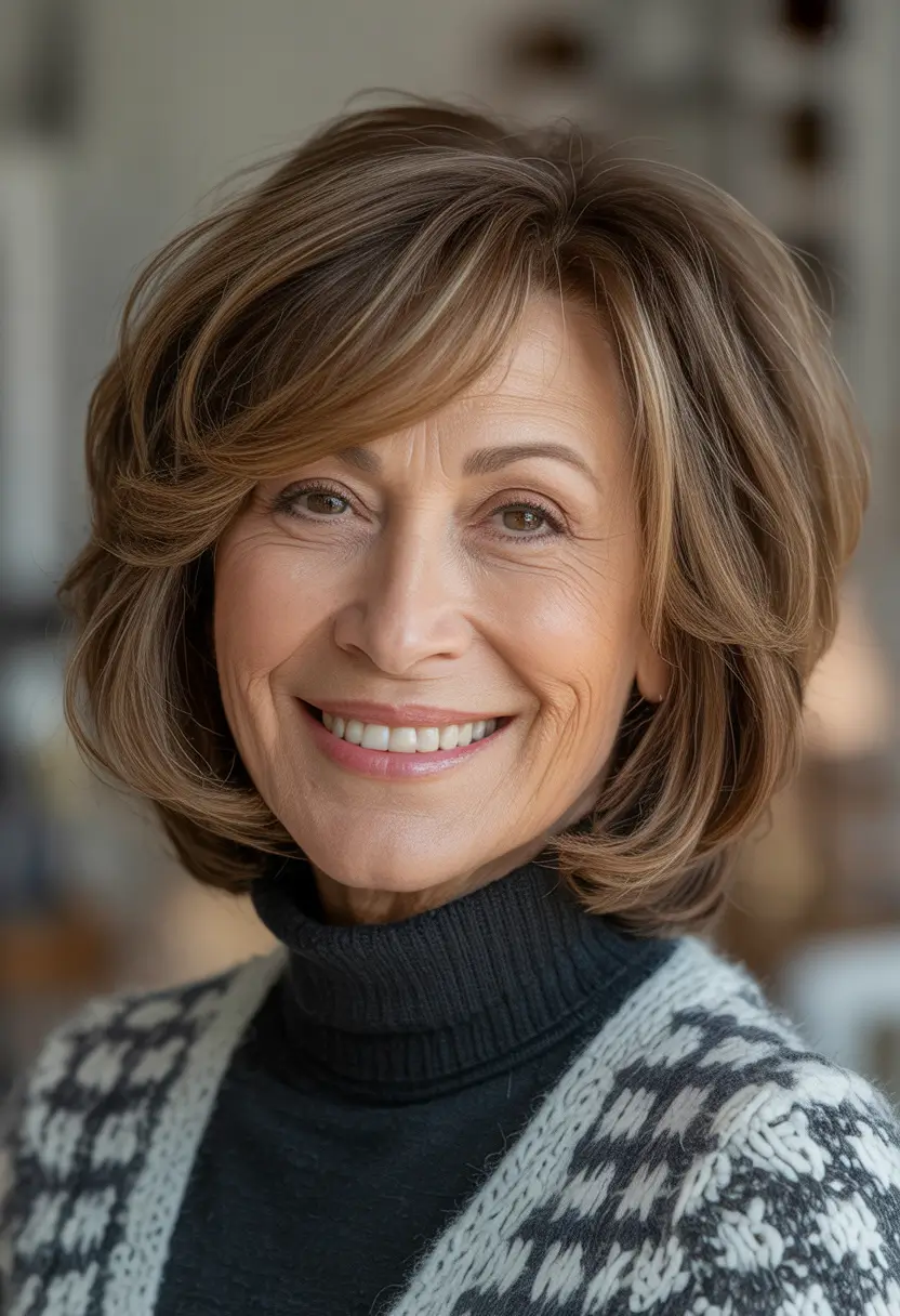 Winter Haircuts and Color for Women Over 60 2025–2026 Layered Medium Bob with Honey Depth