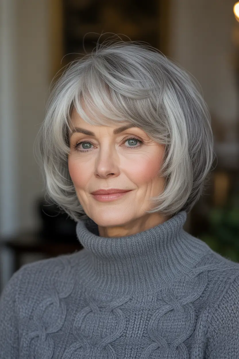 Winter Haircuts and Color for Women Over 60 2025–2026 Medium Length Bob with Silver Bangs