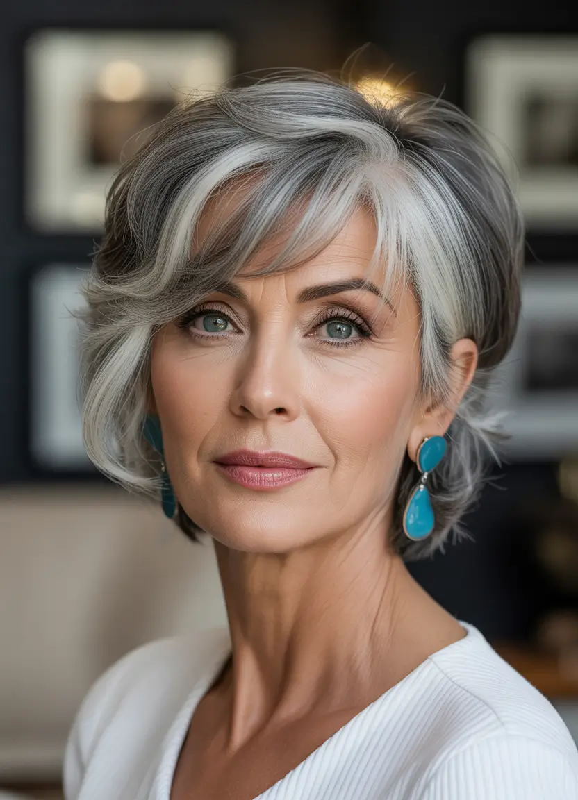 Winter Haircuts and Color for Women Over 60 2025–2026 Feathered Silver Bob with Side Bangs