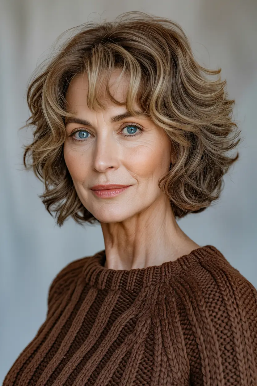 Winter Haircuts and Color for Women Over 60 2025–2026 Curly Medium Bob with Soft Fringe