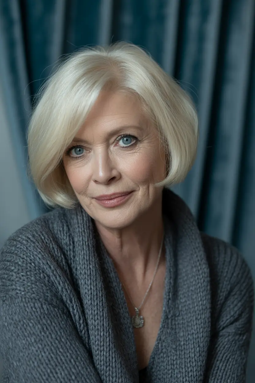 Winter Haircuts and Color for Women Over 60 2025–2026 Soft Platinum Bob with Side Part