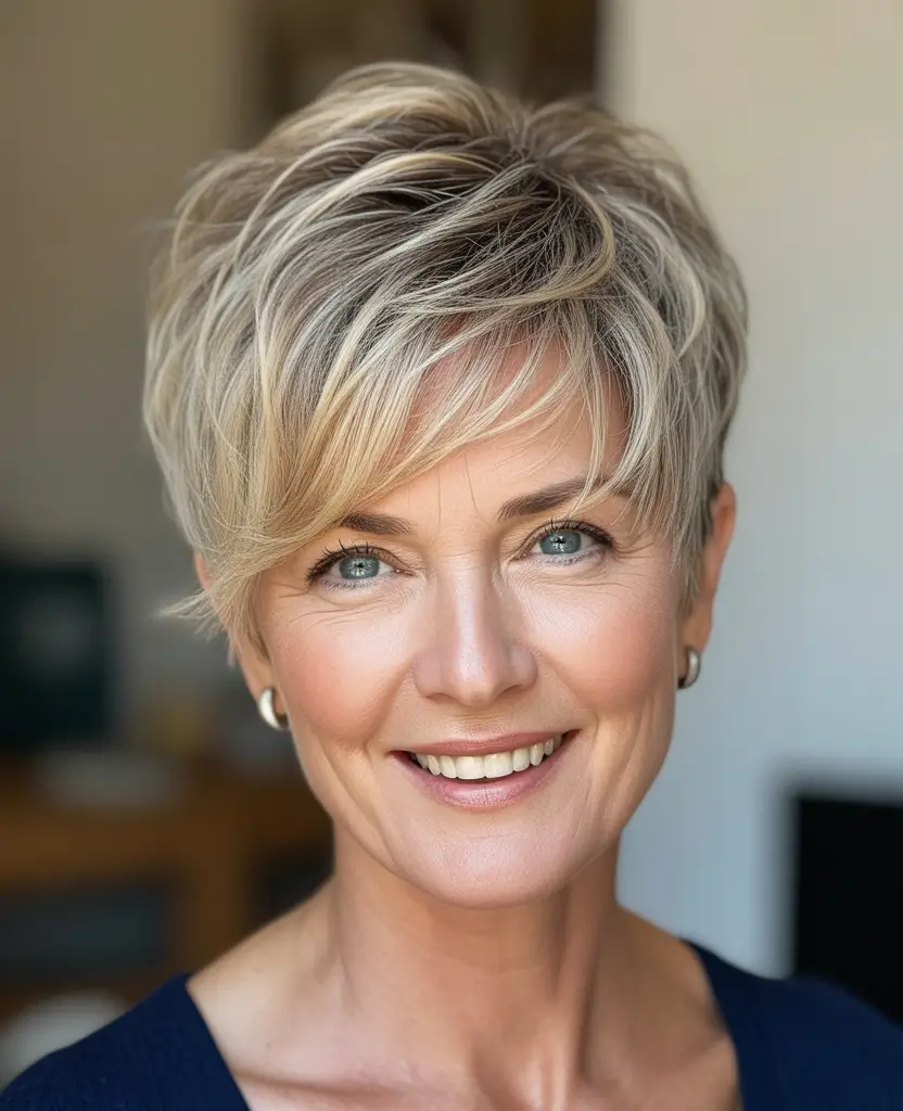 Winter Haircuts and Color for Women Over 60 2025–2026 Layered Pixie with Soft Blonde Highlights