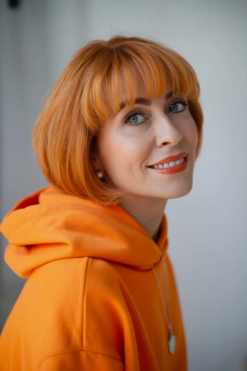Winter Hairstyles & Hair Color 2025-2026 for Women Over 50 Fiery Orange Bob with Bangs