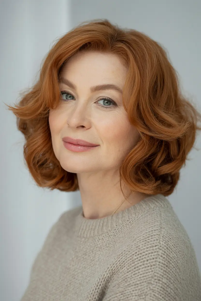 Winter Hairstyles & Hair Color 2025-2026 for Women Over 50 Soft Auburn Curls