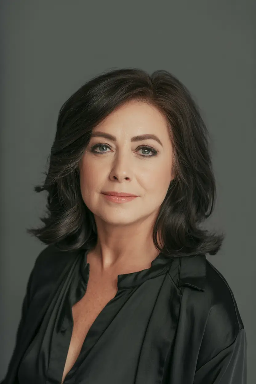 Winter Hairstyles & Hair Color 2025-2026 for Women Over 50 Glossy Dark Layers