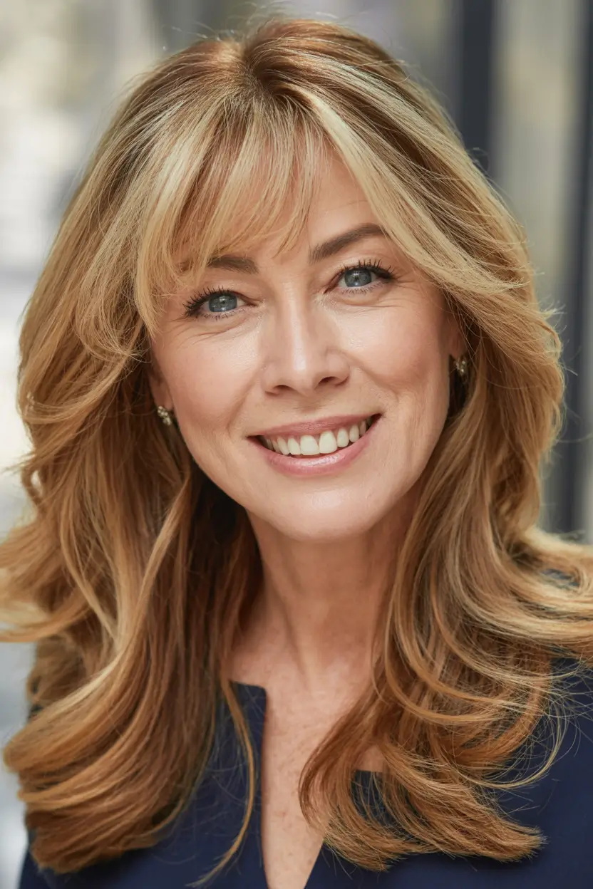 Winter Hairstyles & Hair Color 2025-2026 for Women Over 50 Golden Layers with Curtain Bangs