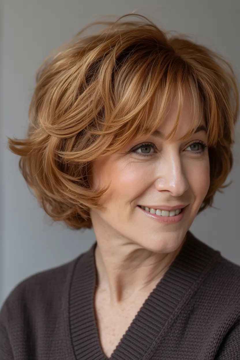 Winter Hairstyles & Hair Color 2025-2026 for Women Over 50 Feathered Copper Bob