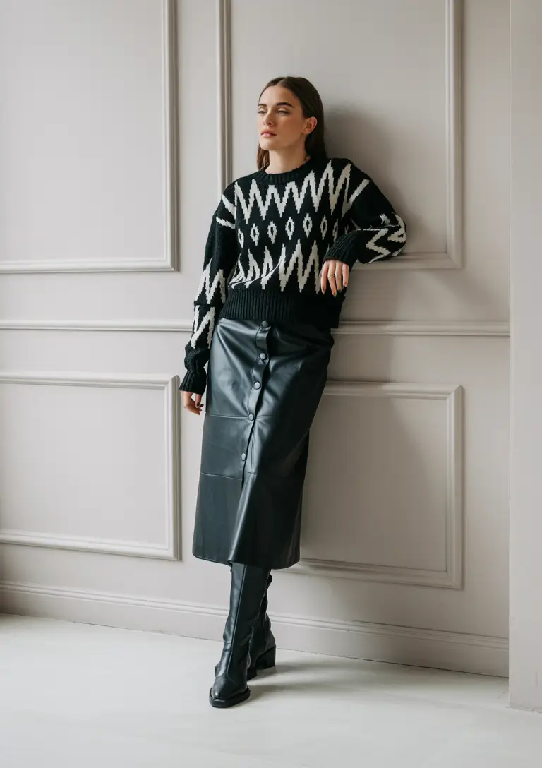 Women casual cold Graphic Knit and Leather Skirt
