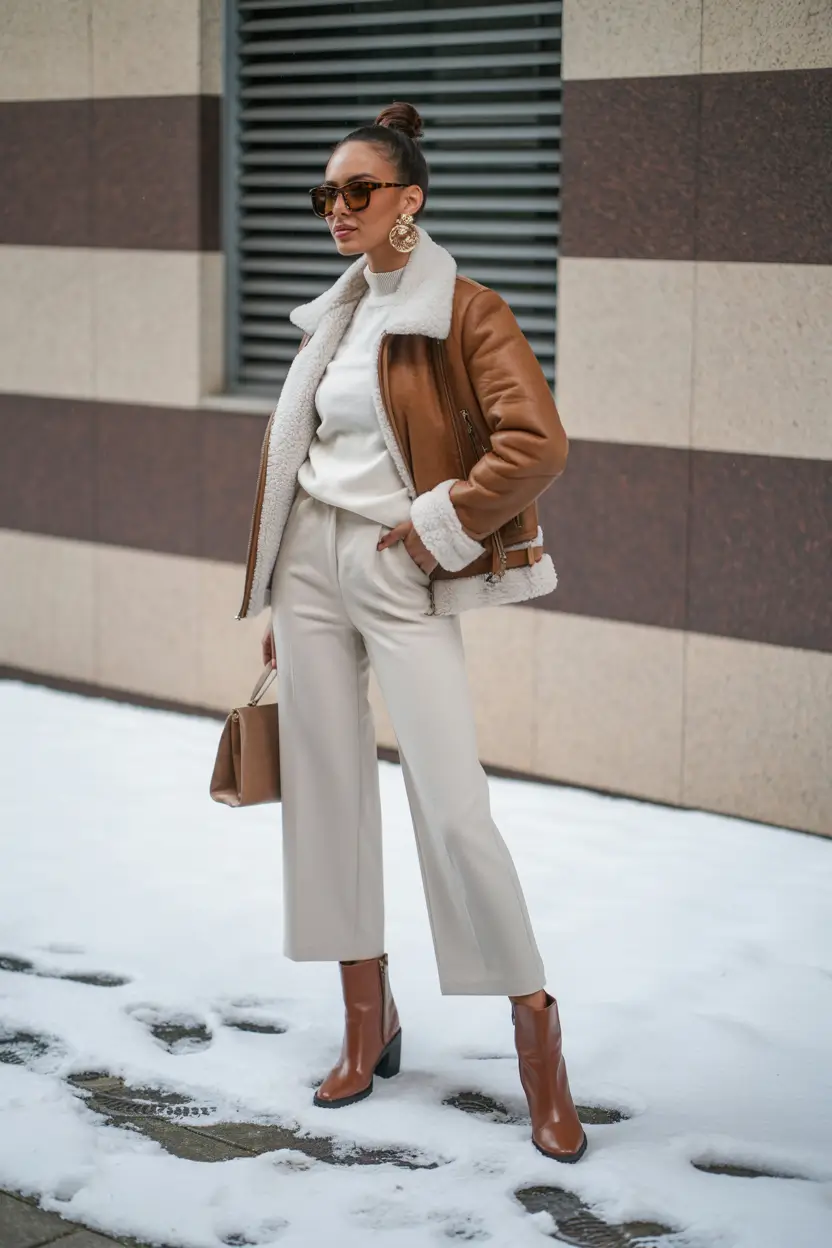 Women casual cold Shearling Jacket and Wide-Leg Trousers