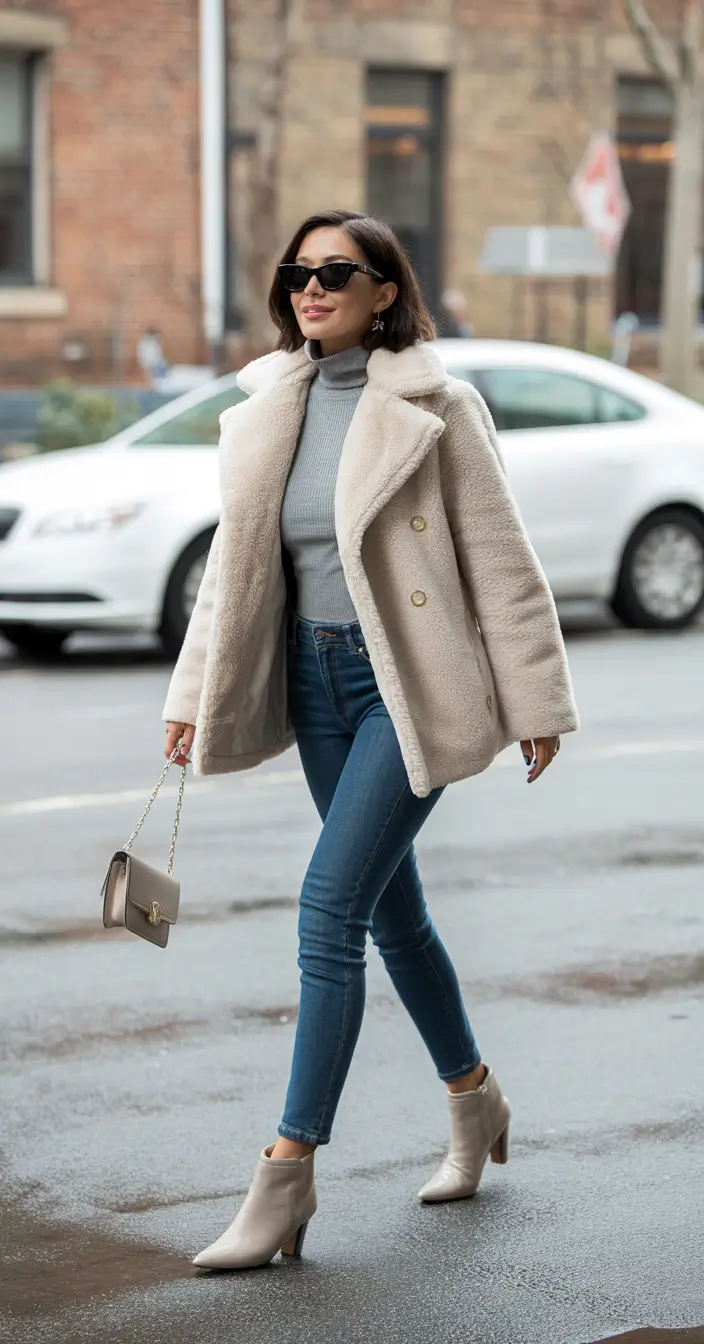 Women casual Cozy Denim and Teddy Coat