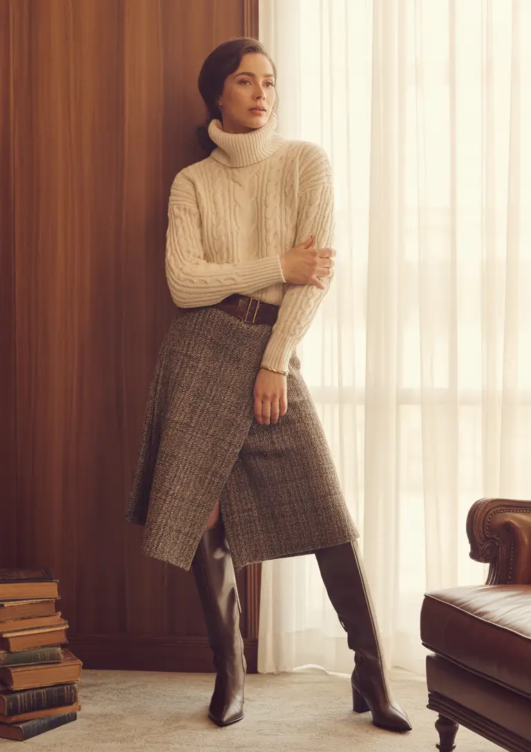 Women business casual winter Chunky Knit and Tweed Skirt