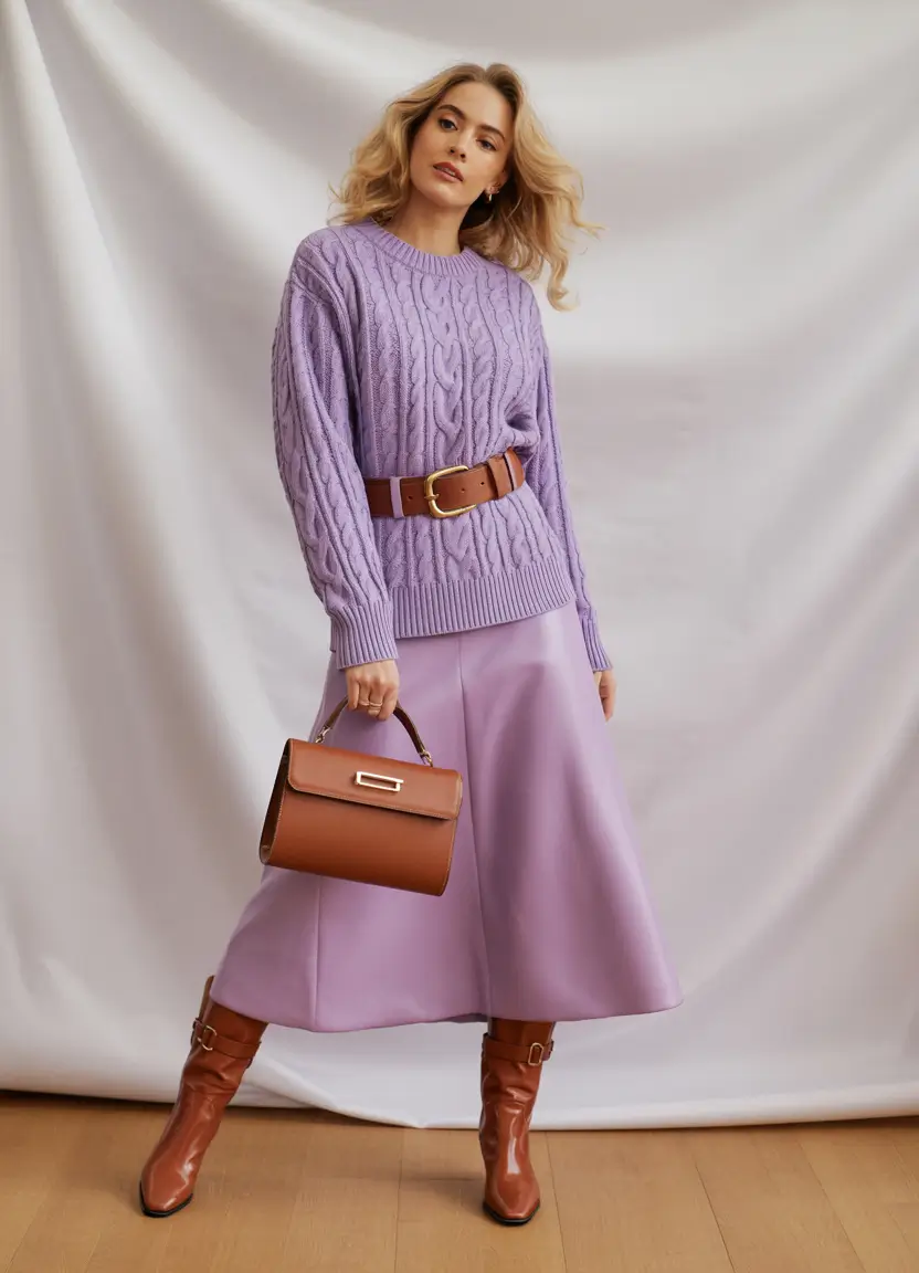 Women casual cold Lavender Layers with Belted Sweater