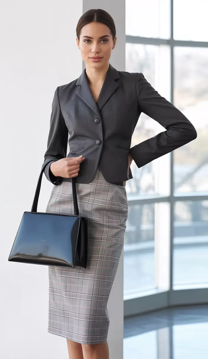 Women office Gray Blazer and Plaid Skirt