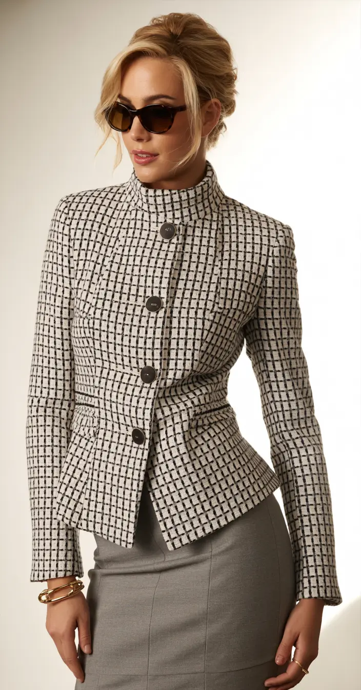 Women business casual office Checked Jacket and Sleek Gray Skirt