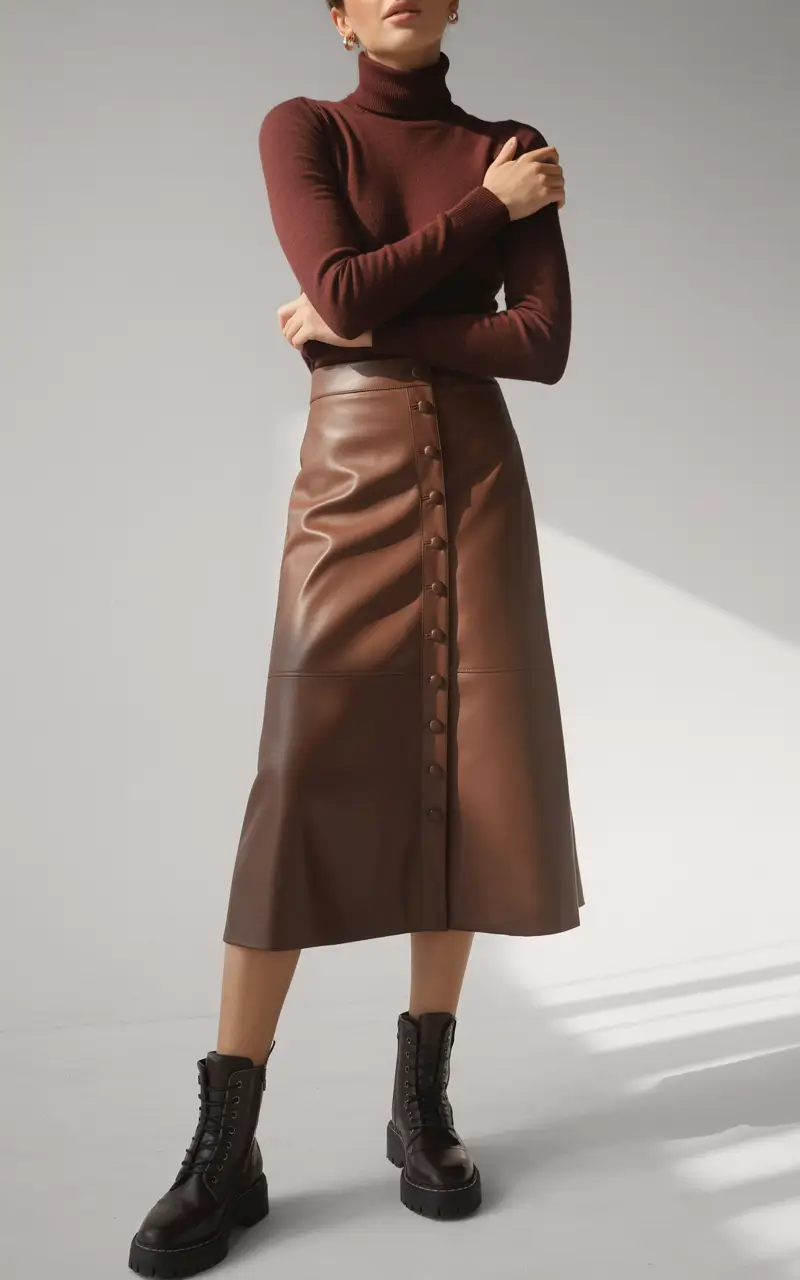 Women casual cold Deep Brown Leather Skirt with Combat Boots