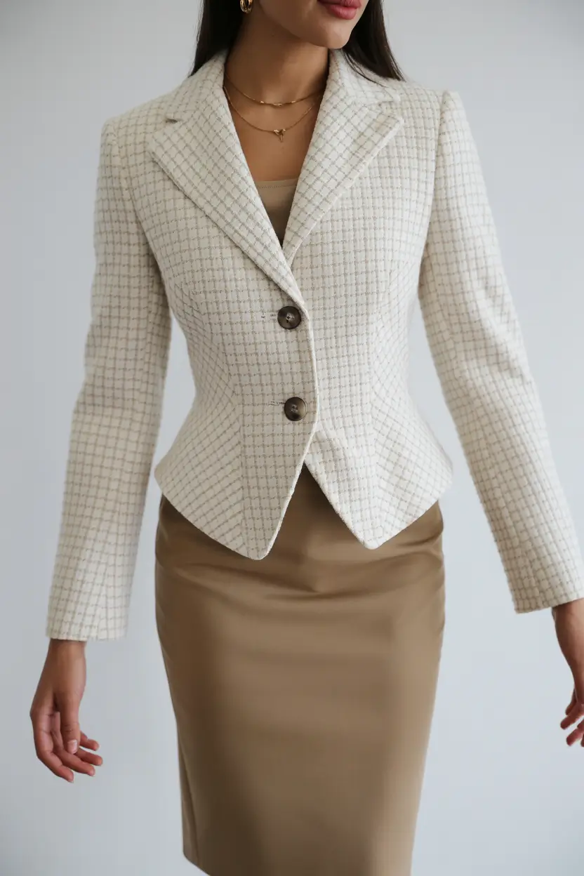 Women business casual winter Structured Cream Blazer and Neutral Skirt