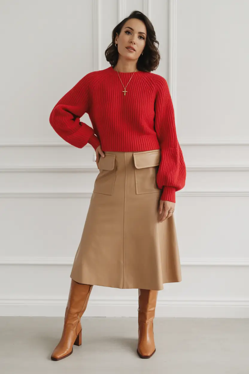 Women business casual office Bold Red Sweater and Camel Skirt