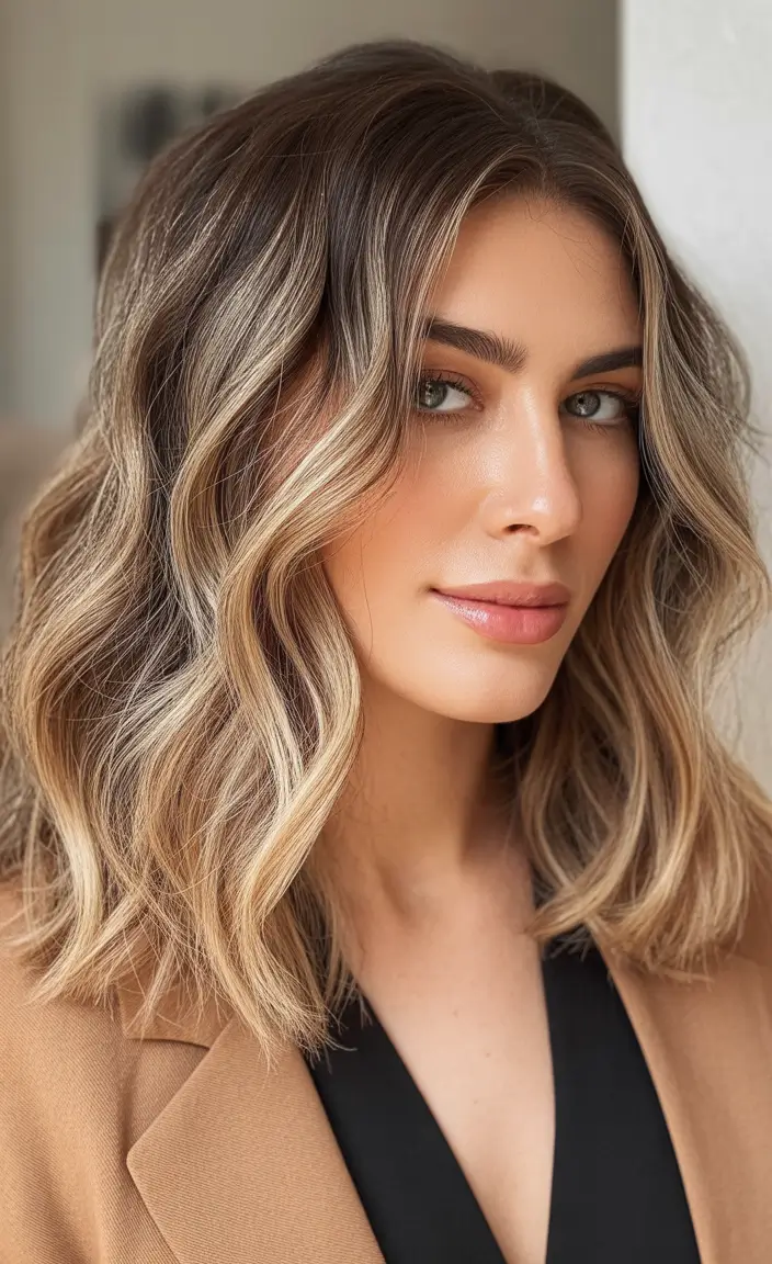 Balayage Hair Color for Winter 2025–2026 Golden Beige Balayage Waves