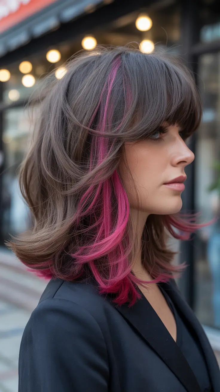 Balayage Hair Color for Winter 2025–2026 Face-Framing Pink Balayage with Bangs