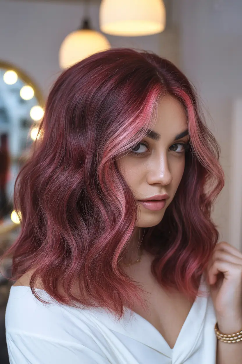 Balayage Hair Color for Winter 2025–2026 Berry Rose Balayage Lob