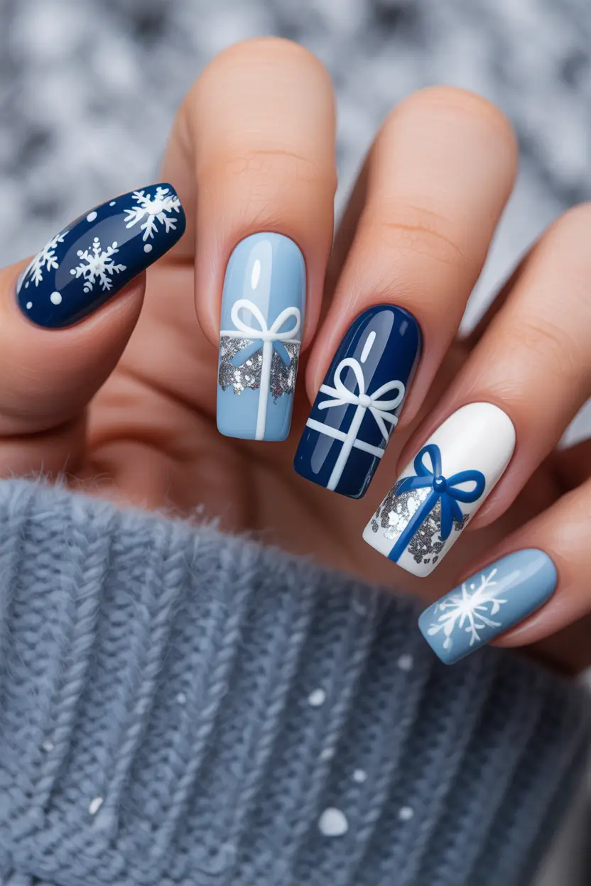 Best Blue Nails Christmas 2025 Gift Wrap Glam
