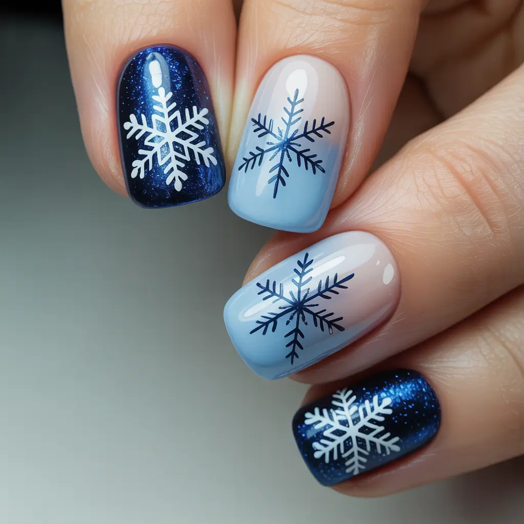 Best Blue Nails Christmas 2025 Snowflake Ombre