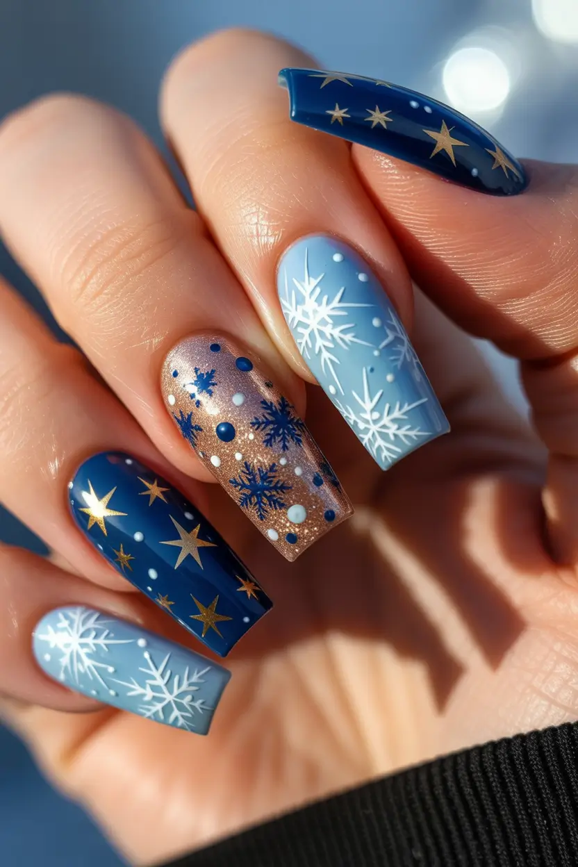 Best Blue Nails Christmas 2025 Winter Stars and Snowflakes