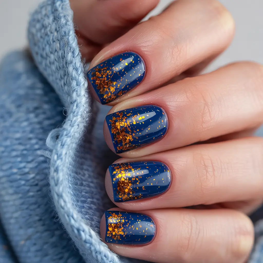 Best Blue Nails Winter 2025 / 2026 Golden Winter Sparks