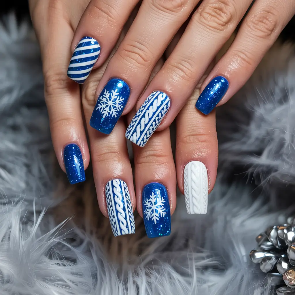 Best Blue Nails Winter 2025 / 2026 Knit Snowflake Charm