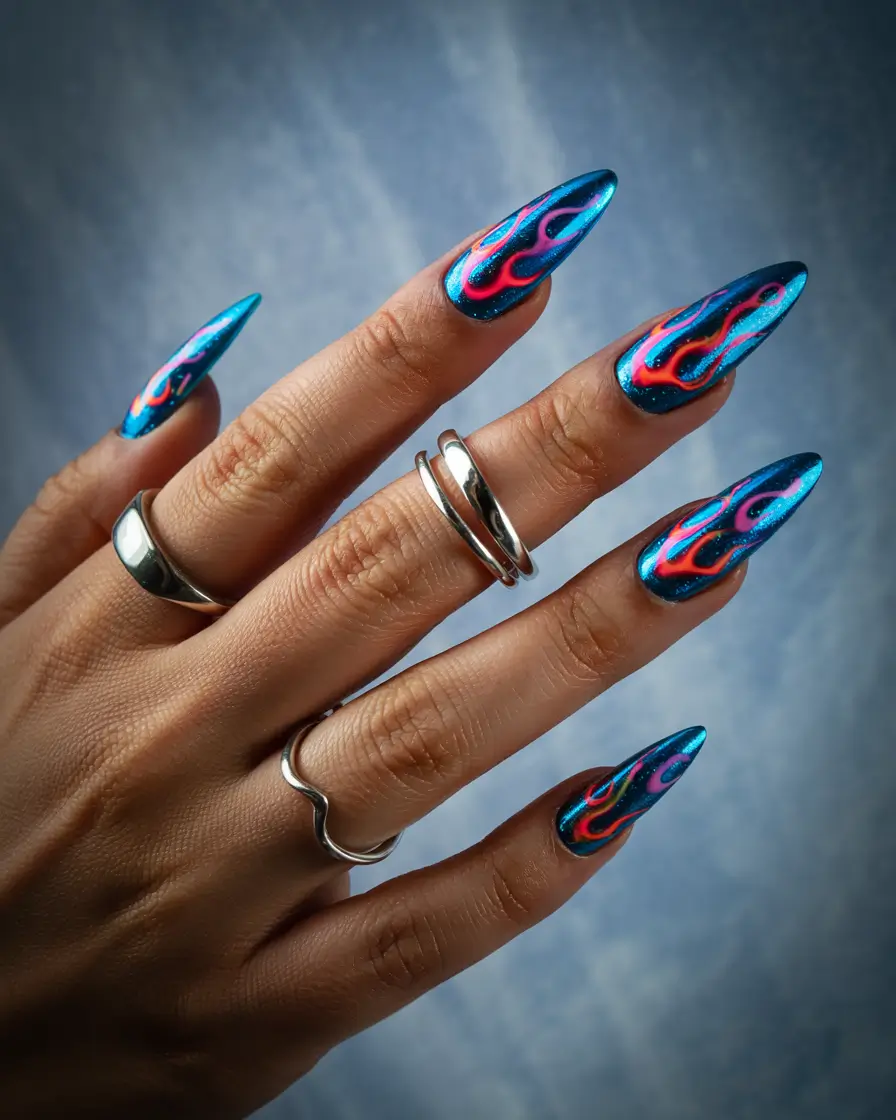 Best Blue Nails Winter 2025 / 2026 Neon Flame Frost