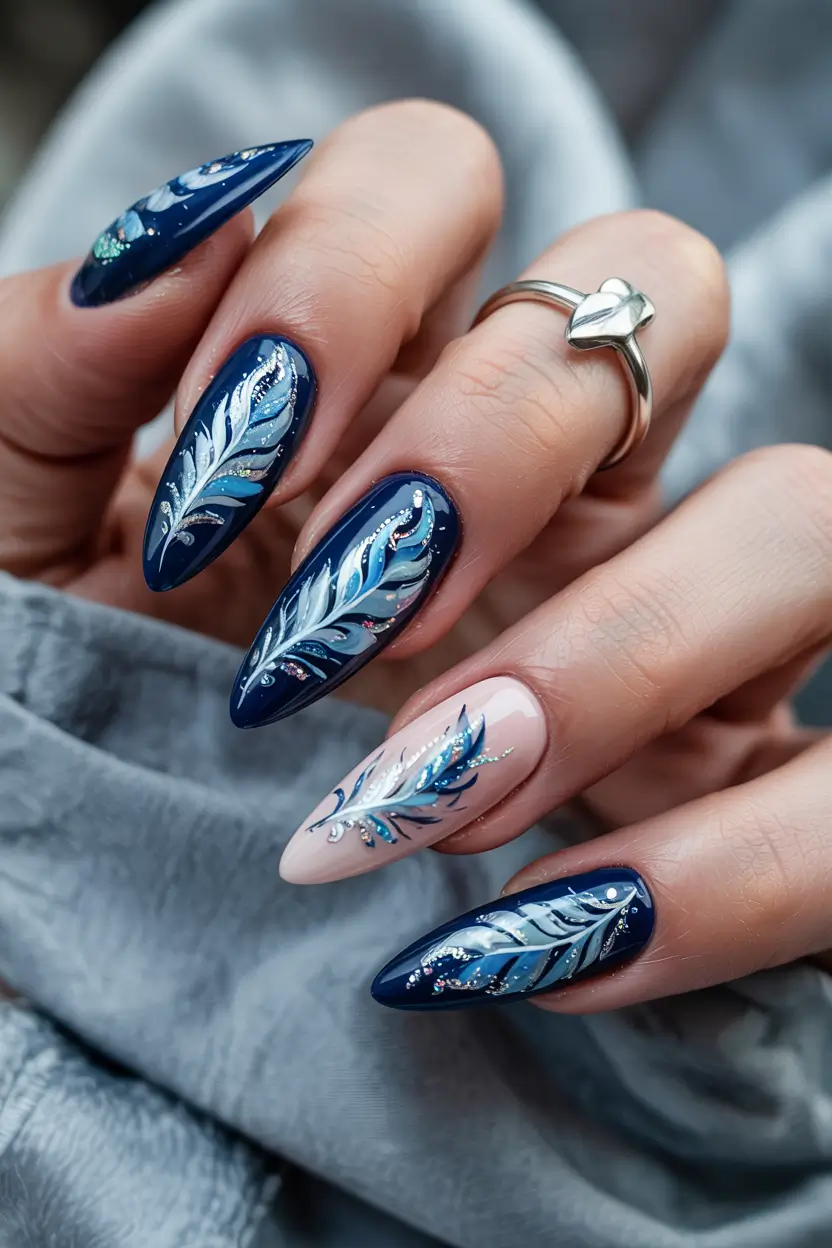 Best Blue Nails Winter 2025 / 2026 Frozen Feather Detail