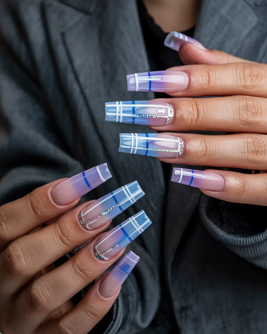 Best Blue Nails Winter 2025 / 2026 Crystal Plaid Glam