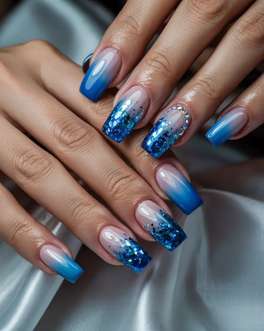 Best Blue Nails Winter 2025 / 2026 Blue Glitter Ombre