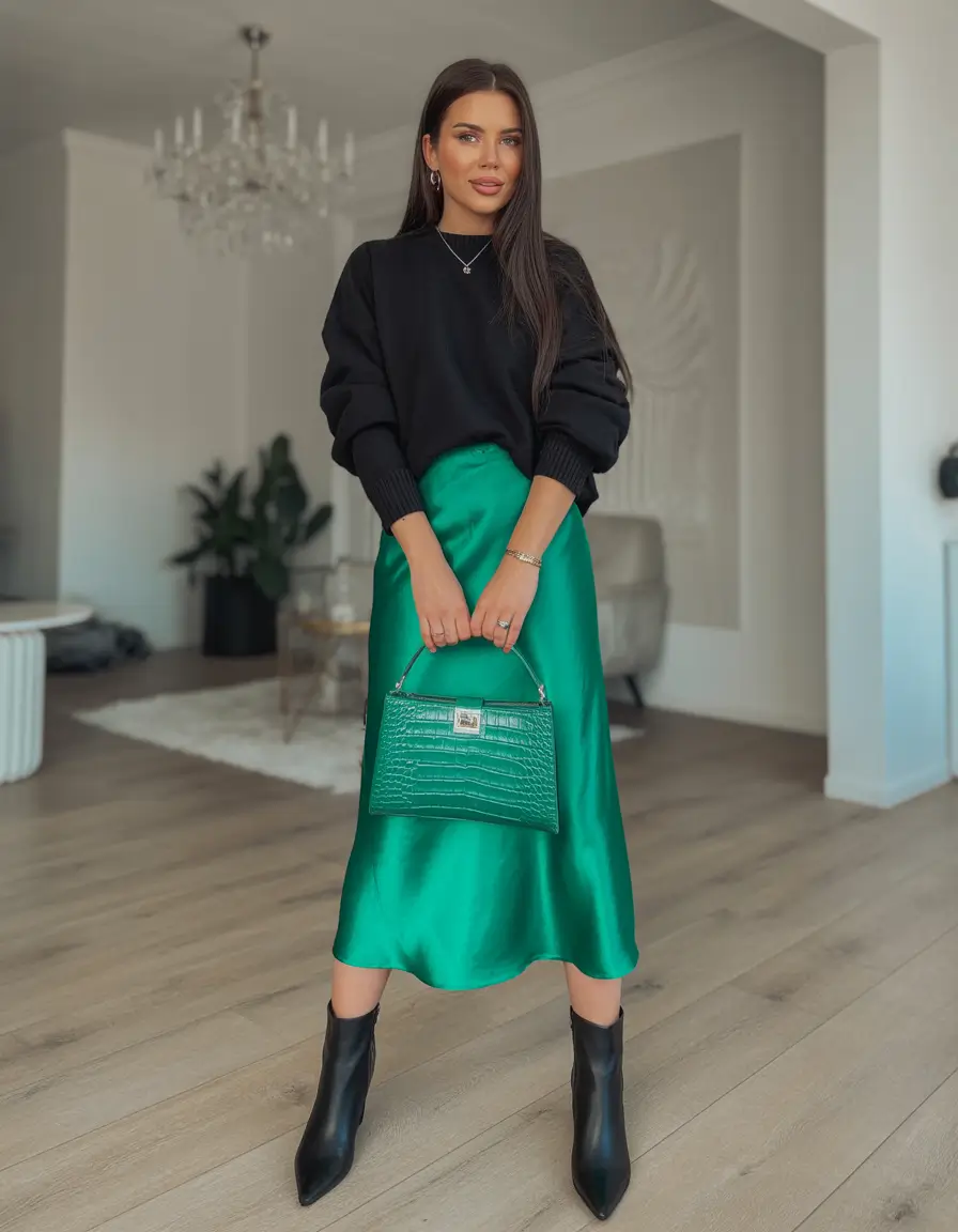 Best Christmas Party Outfits 2025 Emerald Silk and Black Sweater Perfection
