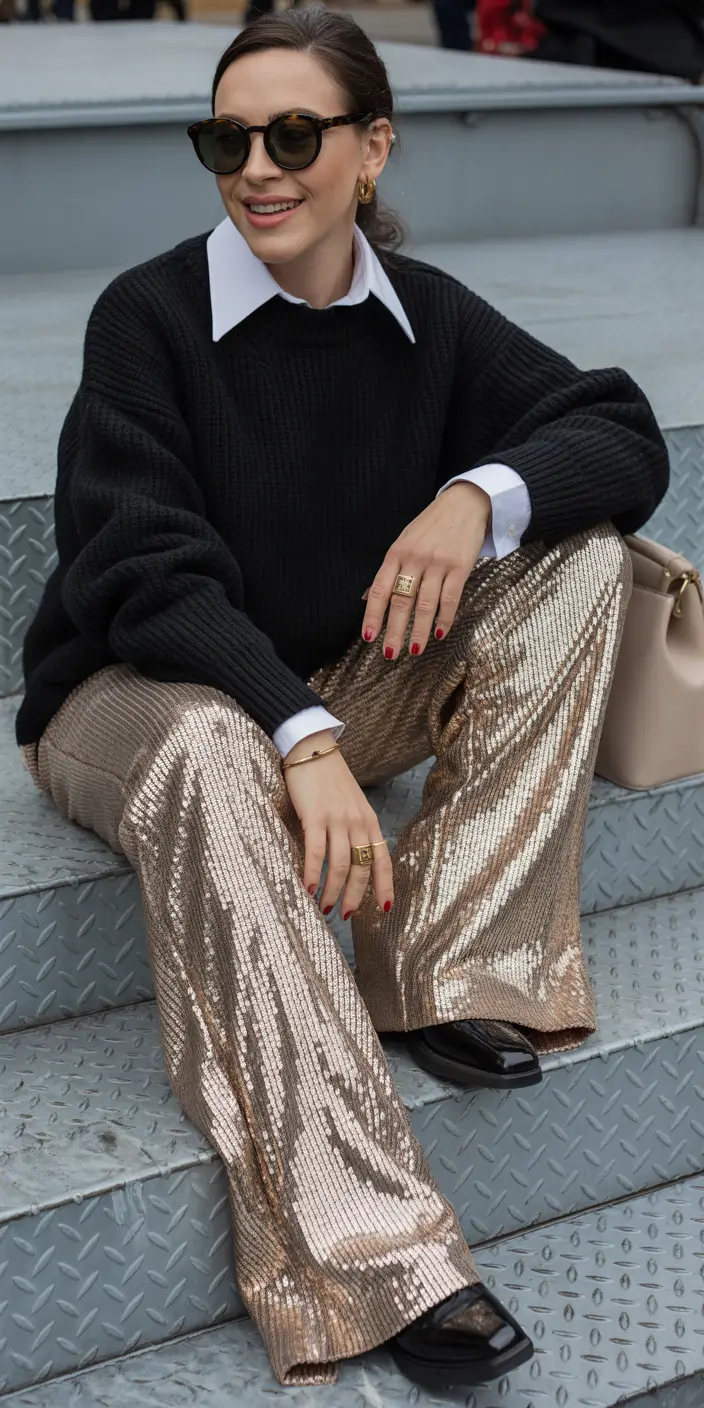 Best Christmas Party Outfits 2025 Relaxed Glam Sequined Trousers and Knit Layers