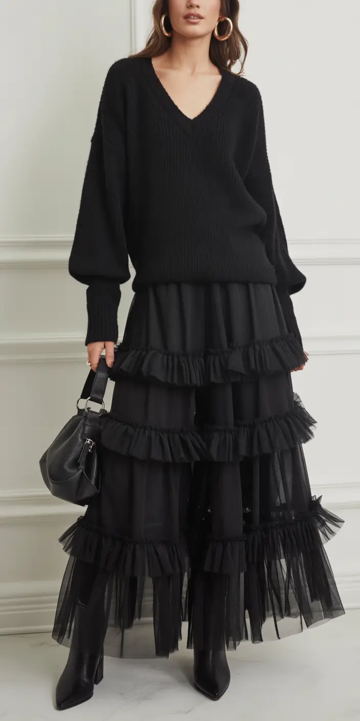 Best Christmas Party Outfits 2025 Layered Black Ruffles for Dramatic Elegance