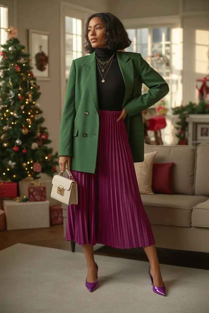 Best Christmas Party Outfits 2025 Color Block Confidence Green Blazer and Plum Skirt