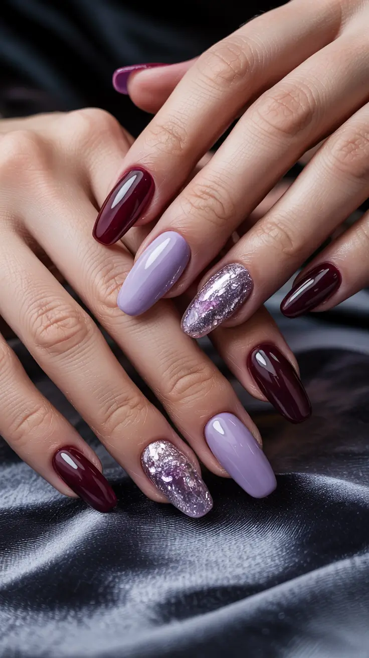 Best Simple Winter Nail Looks 2025–2026 – Plum and Lilac Sparkle Harmony