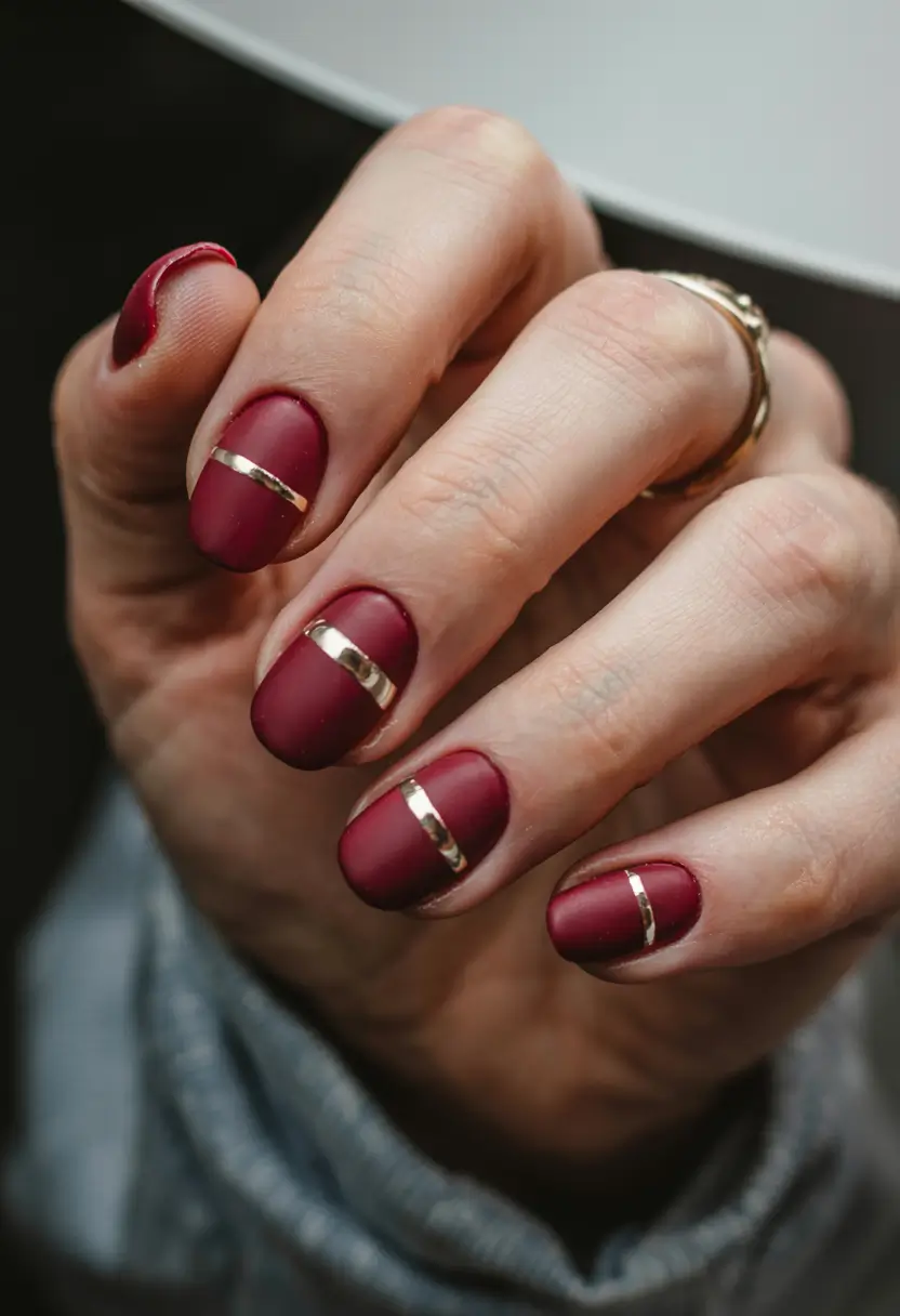 Best Simple Winter Nail Looks 2025–2026 – Velvet Red with Gold Band